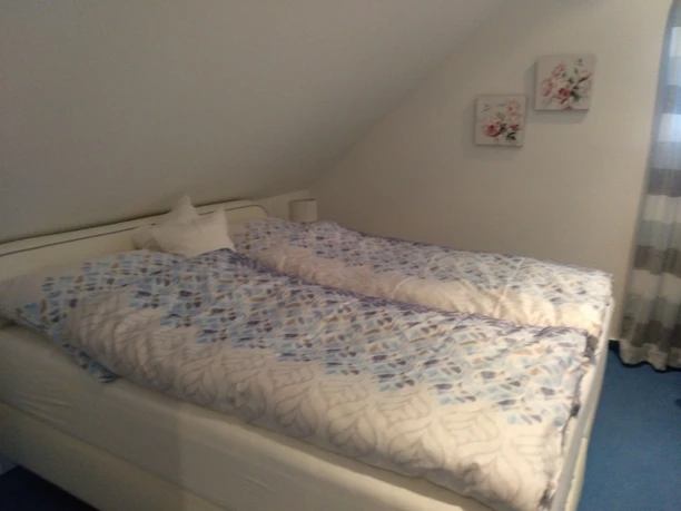 Zweibett-Zimmer mit blauen Bettdecken, Schräge und Wanddekoration, angenehme Beleuchtung.