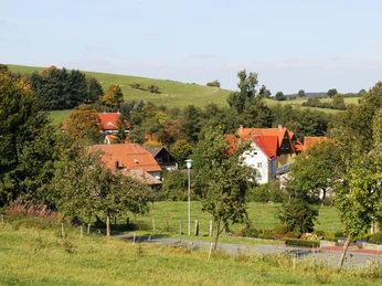 Blick auf eine ländliche Siedlung mit roten Dächern, umgeben von grünen Wiesen und sanften Hügeln.