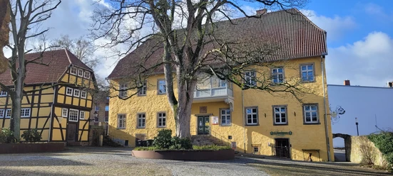 Burgmannshof Gelbes Steingebäude mit Fassade, zentralem Baum, blauen Fensterläden und Kopfsteinpflaster.