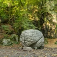 Kunstweg MenschenSpuren "Memoria Mundi" im Neandertal bei Erkrath Steinskulptur "Memoria Mundi" umgeben von Wald im Neandertal mit strukturierter Oberfläche.