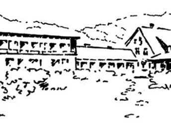 Schwarz-weiße Illustration eines Gebäudekomplexes mit umliegenden Bäumen und Hügeln im Hintergrund.