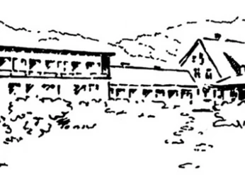 Schauinsland Briefkopf Schwarz-weiße Illustration eines Gebäudekomplexes mit umliegenden Bäumen und Hügeln im Hintergrund.