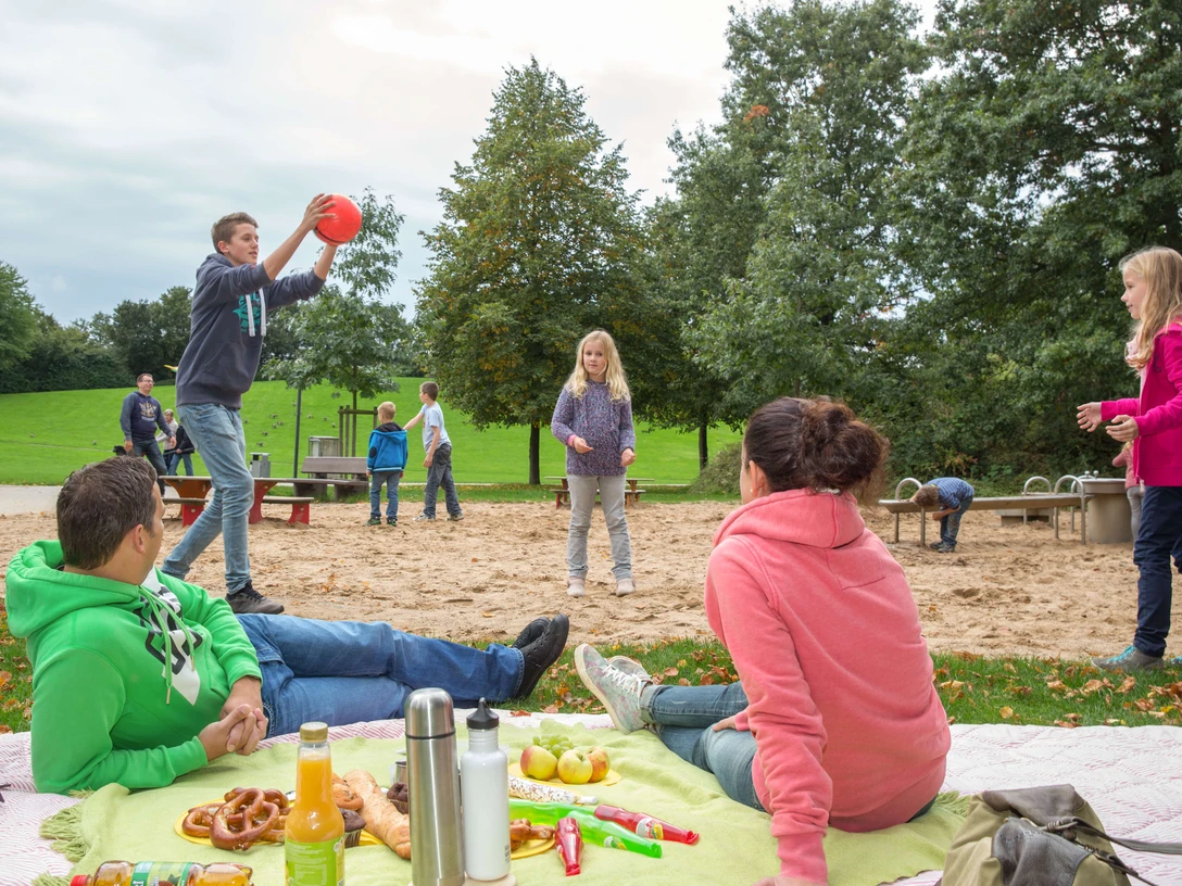 Freizeitpark Langfort in Langenfeld Menschen entspannen auf einer grünen Wiese, während Kinder im Hintergrund Ballspiele auf einem Spielplatz genießen.