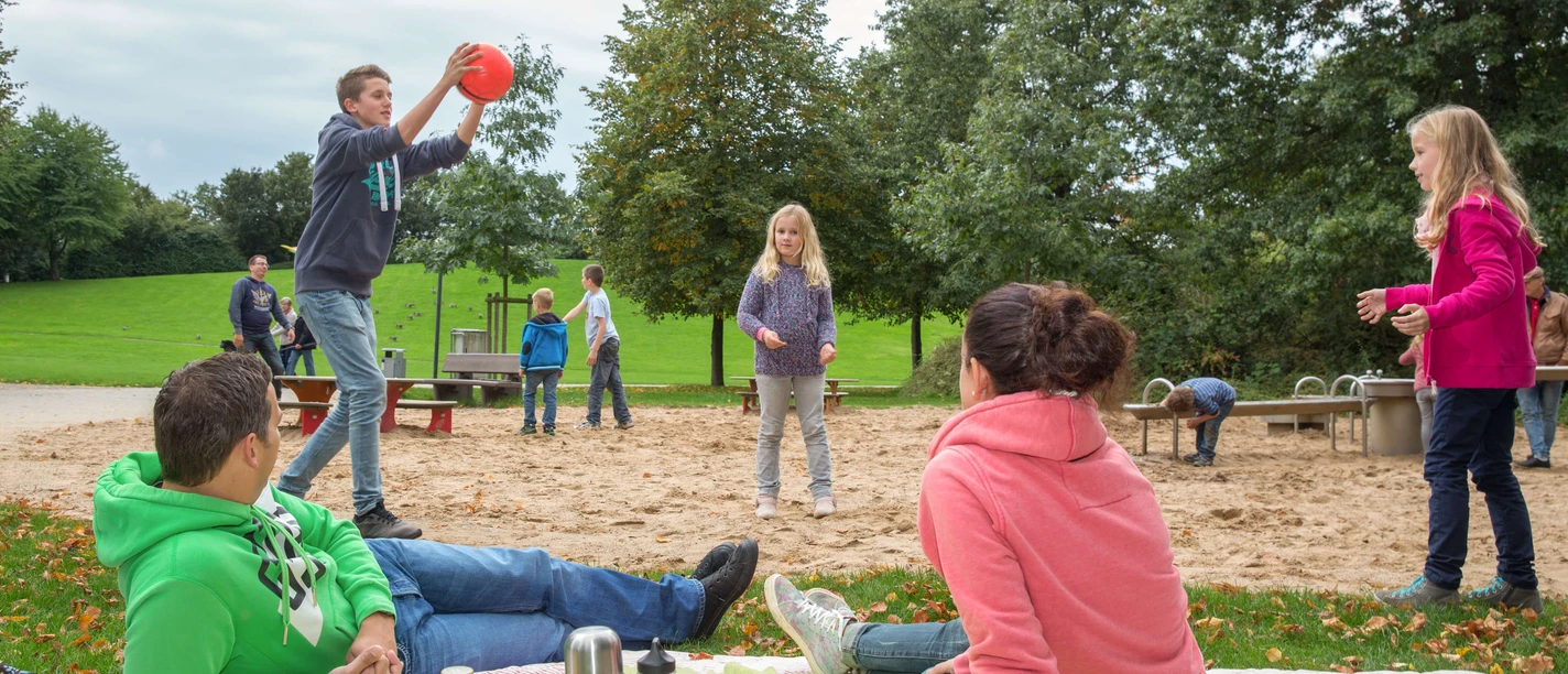 Freizeitpark Langfort in Langenfeld Menschen entspannen auf einer grünen Wiese, während Kinder im Hintergrund Ballspiele auf einem Spielplatz genießen.