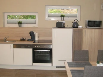 Moderne Küche mit weißen Schränken, Elektrogeräten, Esstisch mit grauen Stühlen und Deko-Pflanzen.