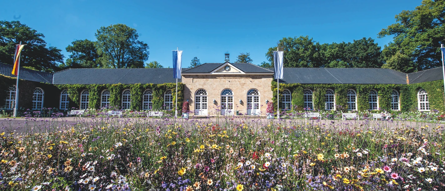 Brunnenarkaden im Gräflichen Park Bad Driburg Bunte Blumen blühen vor der Brunnenarkade im Gräflichen Park.