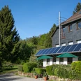 Ein Café mit Sonnenschirmen und Solarpaneelen vor einem Wald, umgeben von Pflanzen und einem Baum.