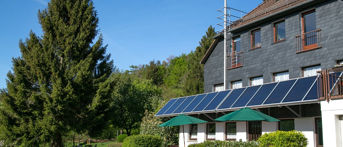 Cafe im Grünen Ein Café mit Sonnenschirmen und Solarpaneelen vor einem Wald, umgeben von Pflanzen und einem Baum.