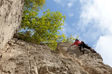 Klettern im Bochumer Bruch in Wülfrath Ein Kletterer erklimmt die steile Felswand im Bochumer Bruch in Wülfrath unter einem klaren Himmel.