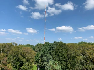 Langenberger Sender / WDR-Sendemast auf dem Hordtberg in Velbert-Langenberg Der WDR-Sendemast erhebt sich über den bewaldeten Hordtberg in Velbert-Langenberg unter blauem Himmel.