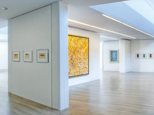 Museum Ratingen Helles, modernes Museumsinterieur mit geräumigen, lichtdurchfluteten Galeriewänden voller Kunstwerke.