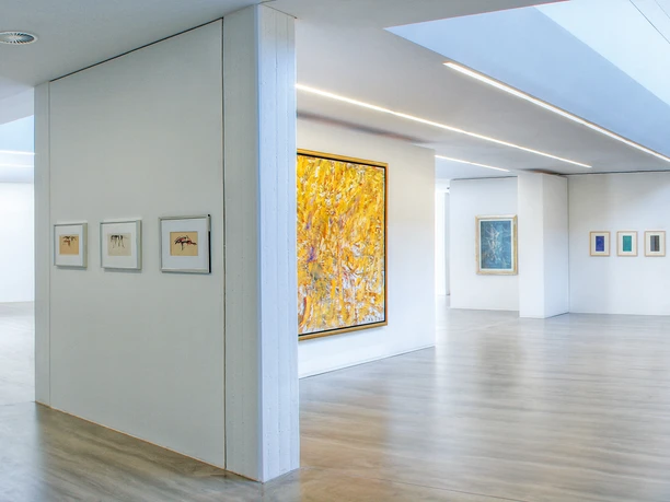 Museum Ratingen Helles, modernes Museumsinterieur mit geräumigen, lichtdurchfluteten Galeriewänden voller Kunstwerke.