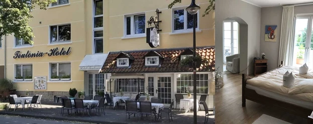 Außenaufnahme eines gelben Hotels mit Terrasse und Innenaufnahme eines hellen Zimmers mit Doppelbett.