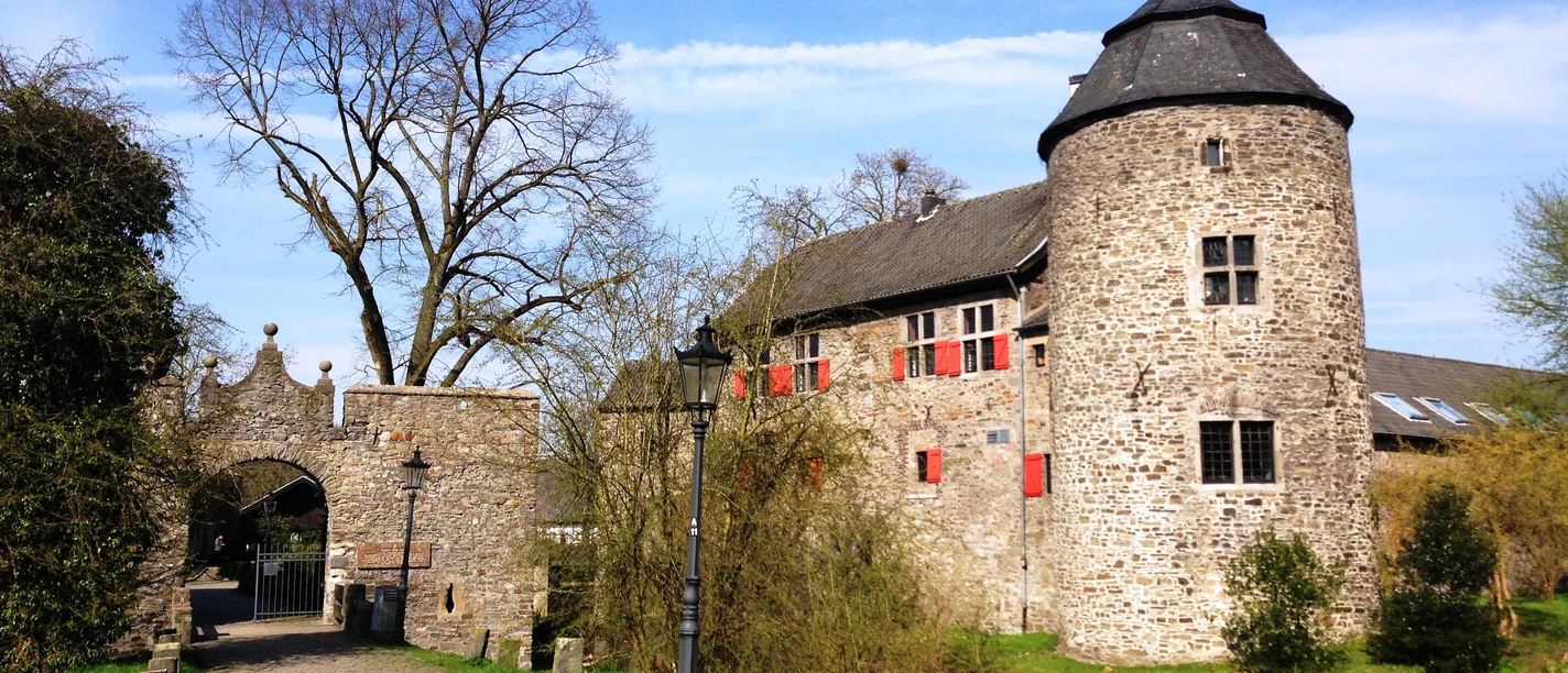 Wasserburg Haus zum Haus in Ratingen Wasserburg mit rundem Turm, von Bäumen umgeben, blauer Himmel und Kopfsteinpflasterweg im Vordergrund.