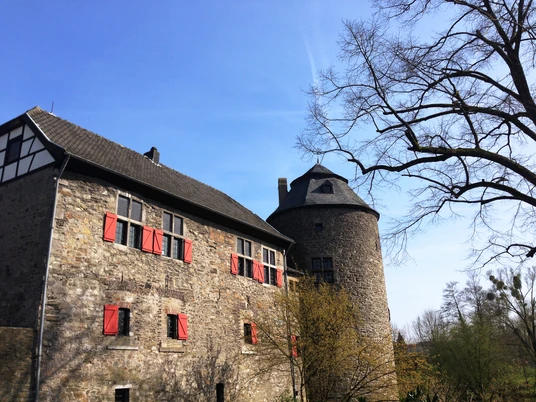 Wasserburg Haus zum Haus in Ratingen Historische Wasserburg aus Naturstein mit Rundturm und roten Fensterläden unter klarem blauen Himmel.