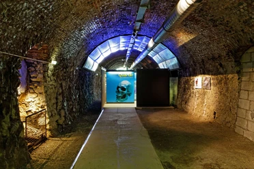 Zeittunnel Wülfrath Beleuchteter Tunnel mit gewölbtem Steinhaus und einem leuchtenden Plakat mit einem Schädelmotiv.