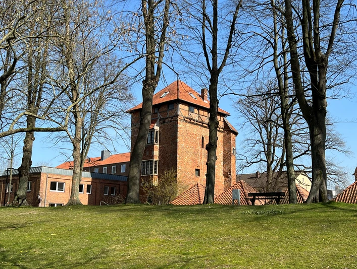 Backstein-Turm mit roten Ziegeldächern, umgeben von kahlen Bäumen, vor blauem Himmel im Hintergrund.