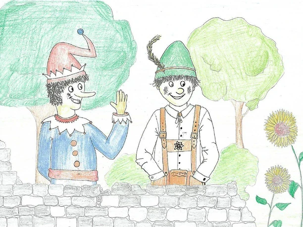 Kasperl und Seppel farbig mit Hintergrund