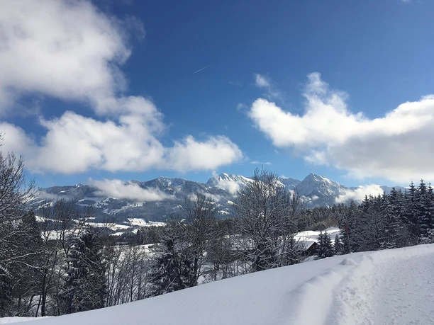 Ausblick auf die verschneiten Allgäuer Alpen