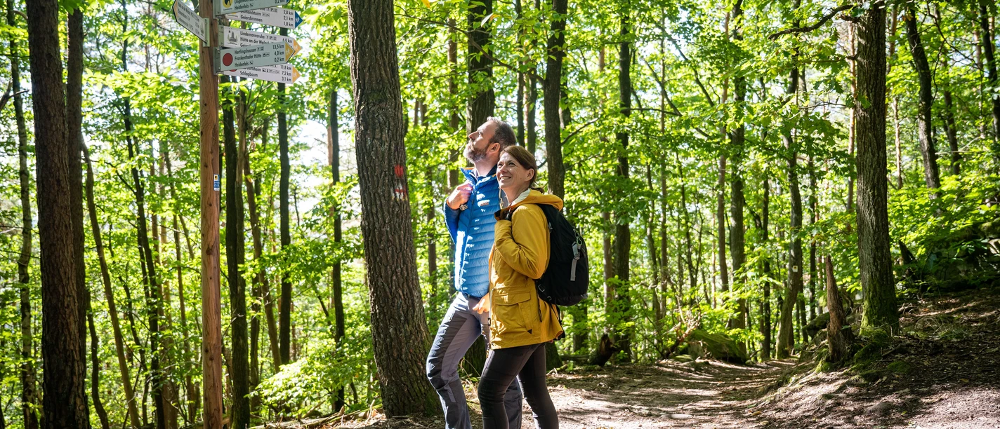 Wanderer am Wegweiser Richtung Bismarckturm