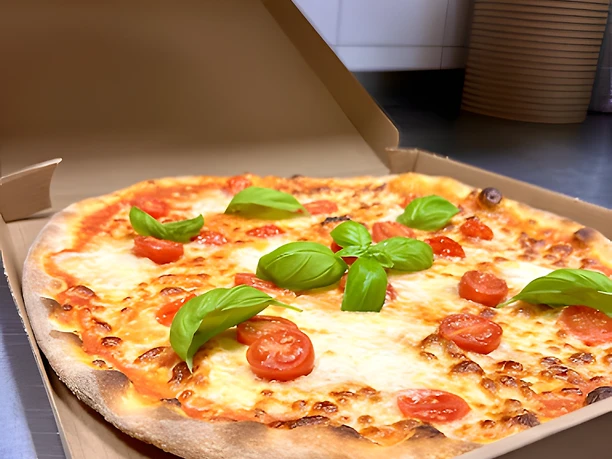 Pizza mit Tomaten, Büffelmozzarella und Basilikum