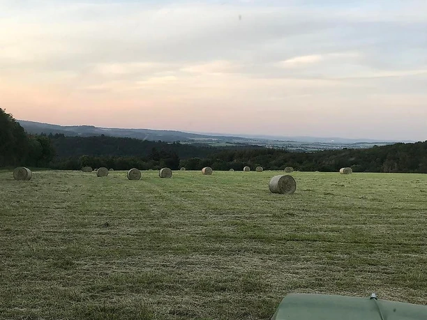 Blick über die Wiese mit Heuballen