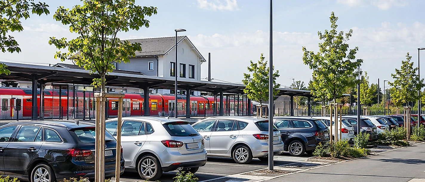 Parkplatz an einem Bahnhof KI Bild Parkplatz an einem Bahnhof KI Bild