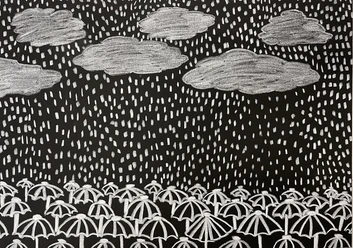 Schwarz-Weiß Zeichnung mit Schirmen, Regen und Wol