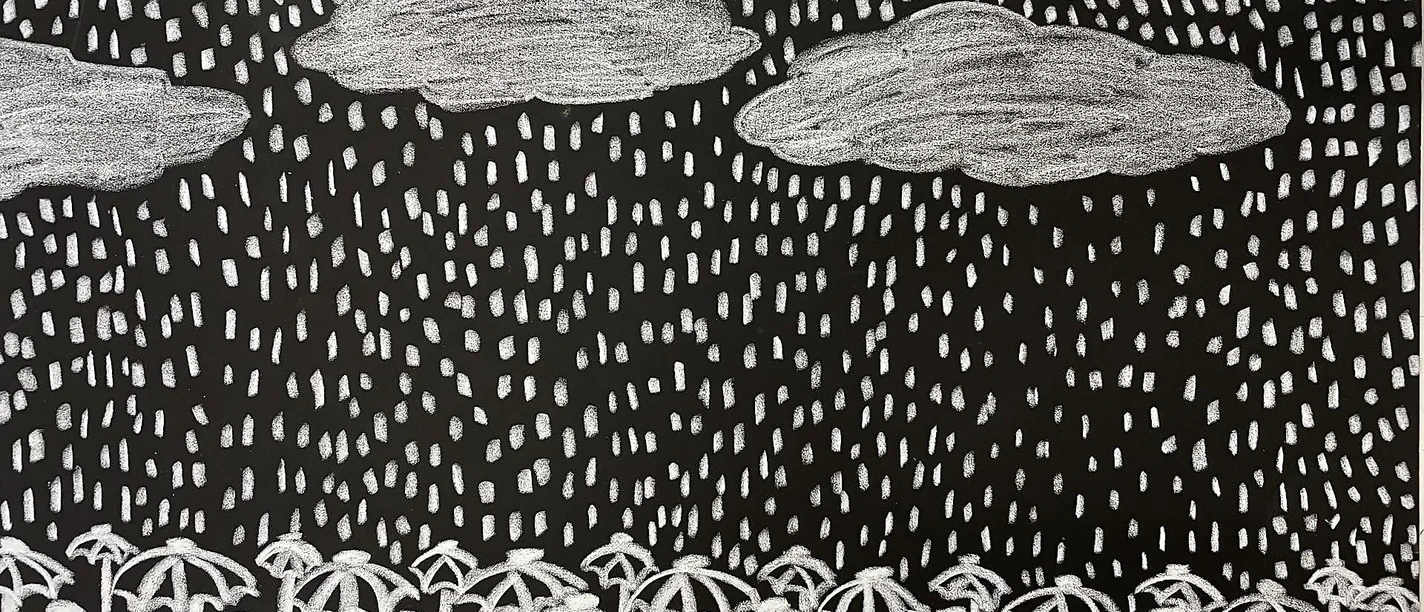 Schwarz-Weiß Zeichnung mit Schirmen, Regen und Wol