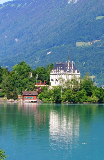 Iseltwald mit Seeburg, hinten Niederriet