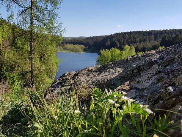 Trageburg viewpoint with a view of the Rappbodevorsperre