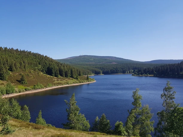 Eckertal reservoir with a view of the Brocken