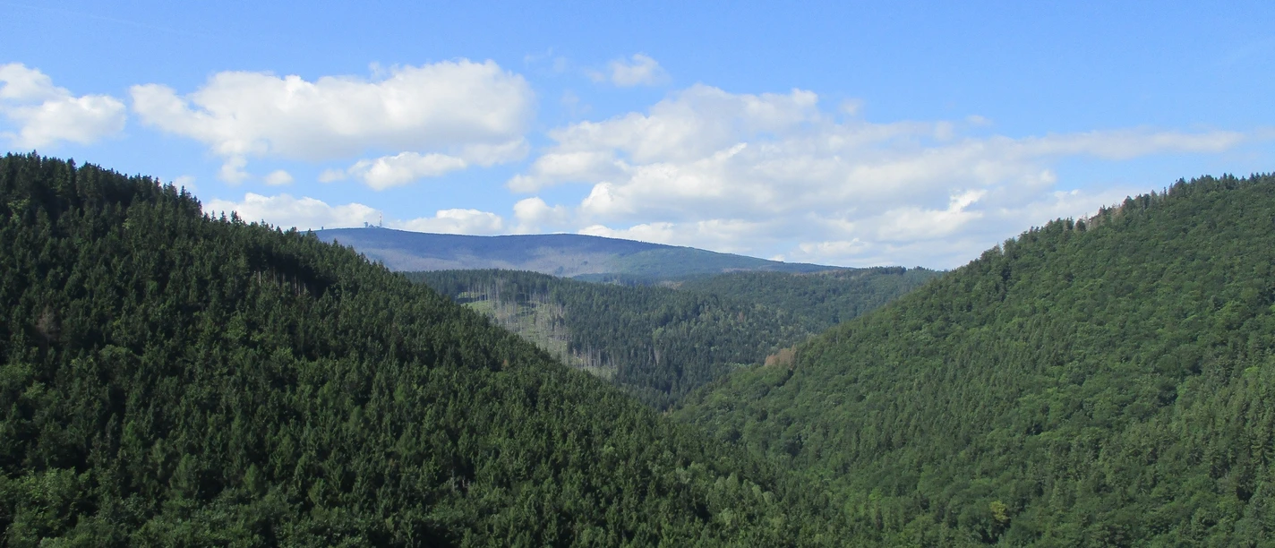 Vom Ilsestein bietet sich eine grandiose Sicht über die Harzer Wälder, bis hinauf zum Brocken.