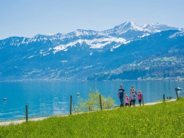 Familie unterwegs auf dem Strandweg Spiez – Faulensee im Frühling