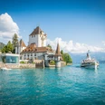 Oberhofen Castle with steamship Blümlisalp, Oberhofen on Lake Thun