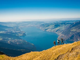 Wandergruppe unterwegs richtung Morgenberghorn, im hintergrund der Thunersee