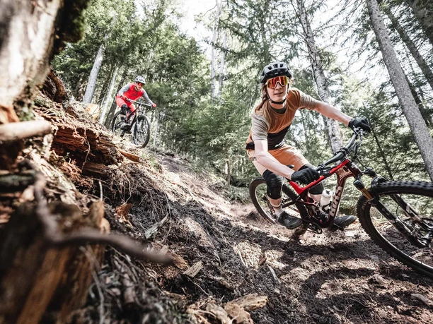 Zwei Downhill Biker auf dem Heartbeat Trail von Beatenberg zur Beatenbucht