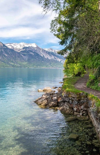 Das malerische Brienzerseeufer mit herrlicher Aussicht auf die Bergwelt.