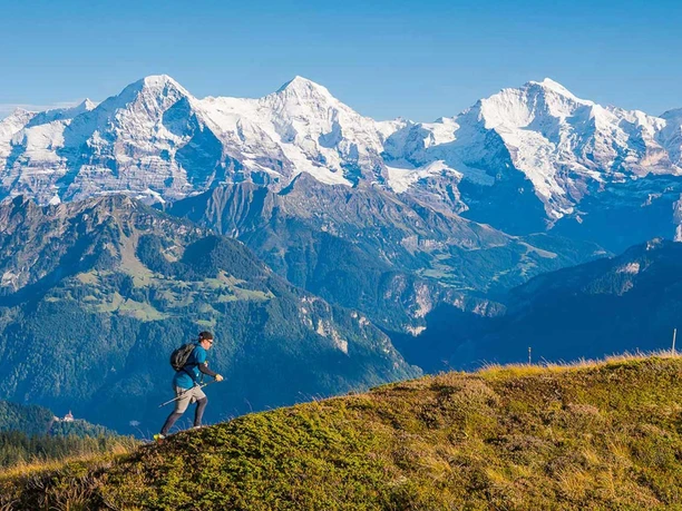 Trailrunner oberhalb Beatenberg vor der eindrücklichen Bergkulisse mit Eiger, Mönch und Jungfrau