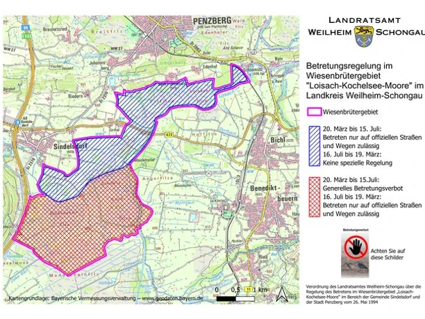 Karte der Betretungsregelung im Wiesenbrütergebiet "Loisach-Kochelsee-Moore" im Landkreis Weilheim-Schongau