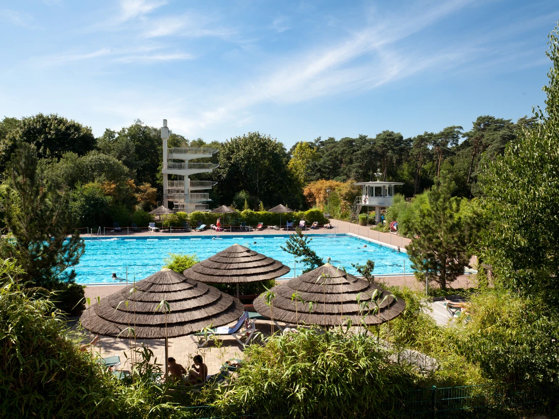 Forest pool in Hilden Outdoor pool with pools, slides, and thatched roofs, surrounded by dense trees in the Waldbad Hilden.