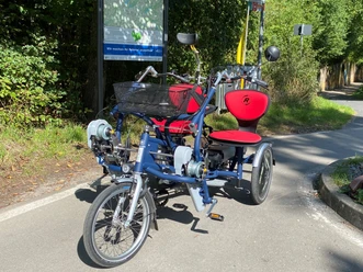 Parallel tandem Modern electric bicycle with three wheels and two seats standing on a sunny cycle path.