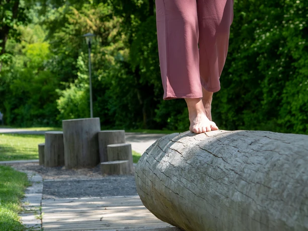 Spa- en recreatiepark in Reichshof-Eckenhagen: Blotevoetenpad Een persoon balanceert op blote voeten op een omgevallen boomstam in een groen park.