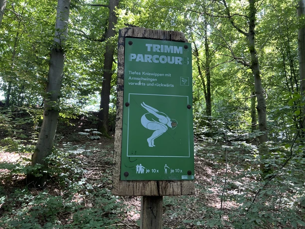 Fitness pad Een bord in het bos wijst de weg naar een fitnessroute, omgeven door groene bomen, met eenvoudige aanwijzingen.