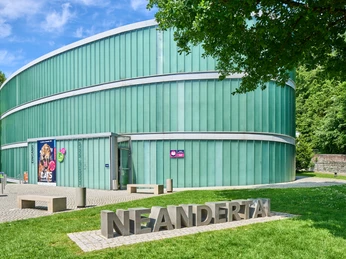 Museo Neandertal Edificio moderno de cristal curvado del Museo Neandertal con árboles verdes al fondo.