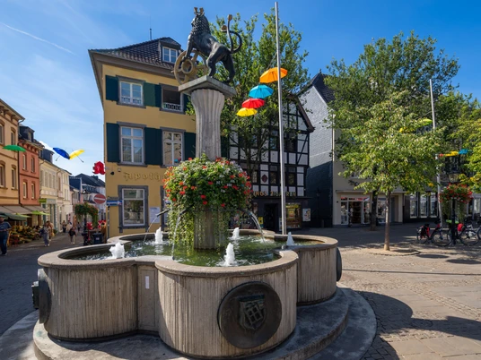 Ratingen pazar meydanındaki aslan çeşmesi Ratingen'in pazar meydanında ışıklandırılmış bir ortamda çeşme, sütun ve aslan heykeli bulunan aslan çeşmesi.