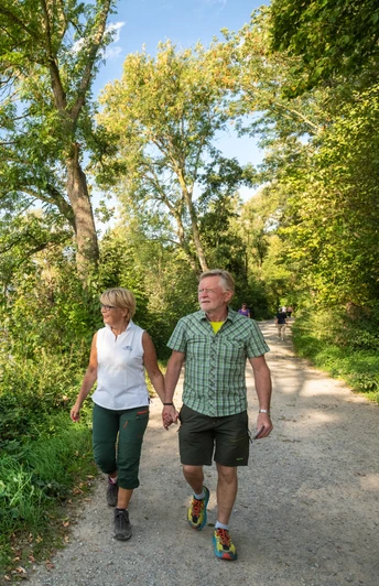 Senderismo por el estanque Abtskücher en Heiligenhaus Pareja caminando por un sendero soleado en Abtskücher Teich, Heiligenhaus, rodeado de árboles.