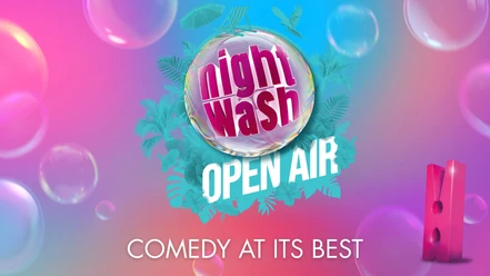 Night Wash Open Air at Biedermeierstrand - Events in the Leipzig region Colorful logo with the slogan "Night Wash Open Air - Comedy at its best"