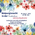 Walpurgisnacht op het postkantoor Kleurrijke flyer met bloemenmotief voor Walpurgisnacht, met datum, programma, toegangsprijs en logo van Hotel zur Post.