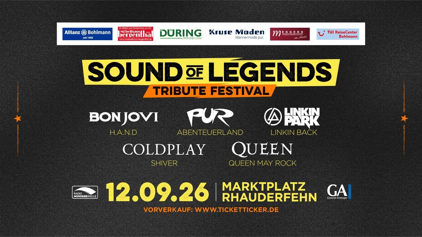 Banner für das Sound of Legends Tribute Festival am 12.09.26 auf dem Marktplatz Rhauderfehn.